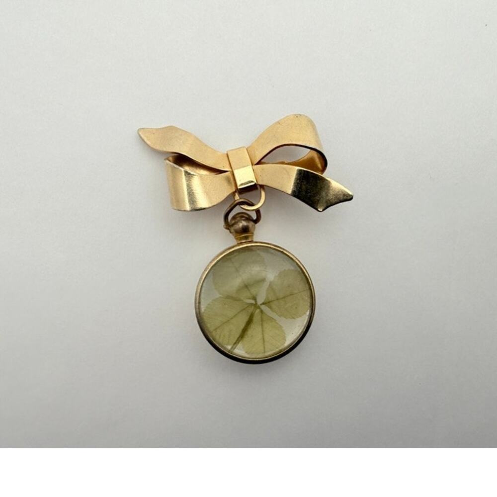 Vintage 40s Retro Gold Tone Bow Brooch w/ Real Four Leaf Clover Charm